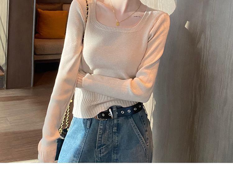 Long-Sleeve Crew Neck Plain Ribbed Knit Top Product Image