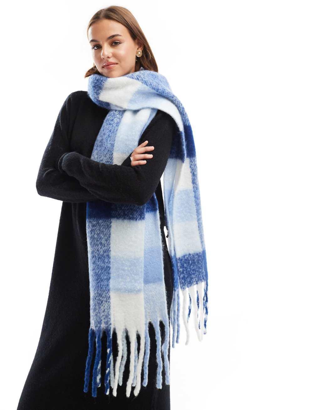 Pieces super soft tassel scarf in calming blue check Product Image