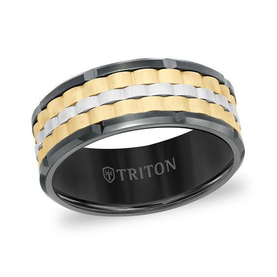 Triton Men's 9.0mm Comfort-Fit Ribbed Center Wedding Band in Tungsten with Black and Gold-Tone IP Product Image