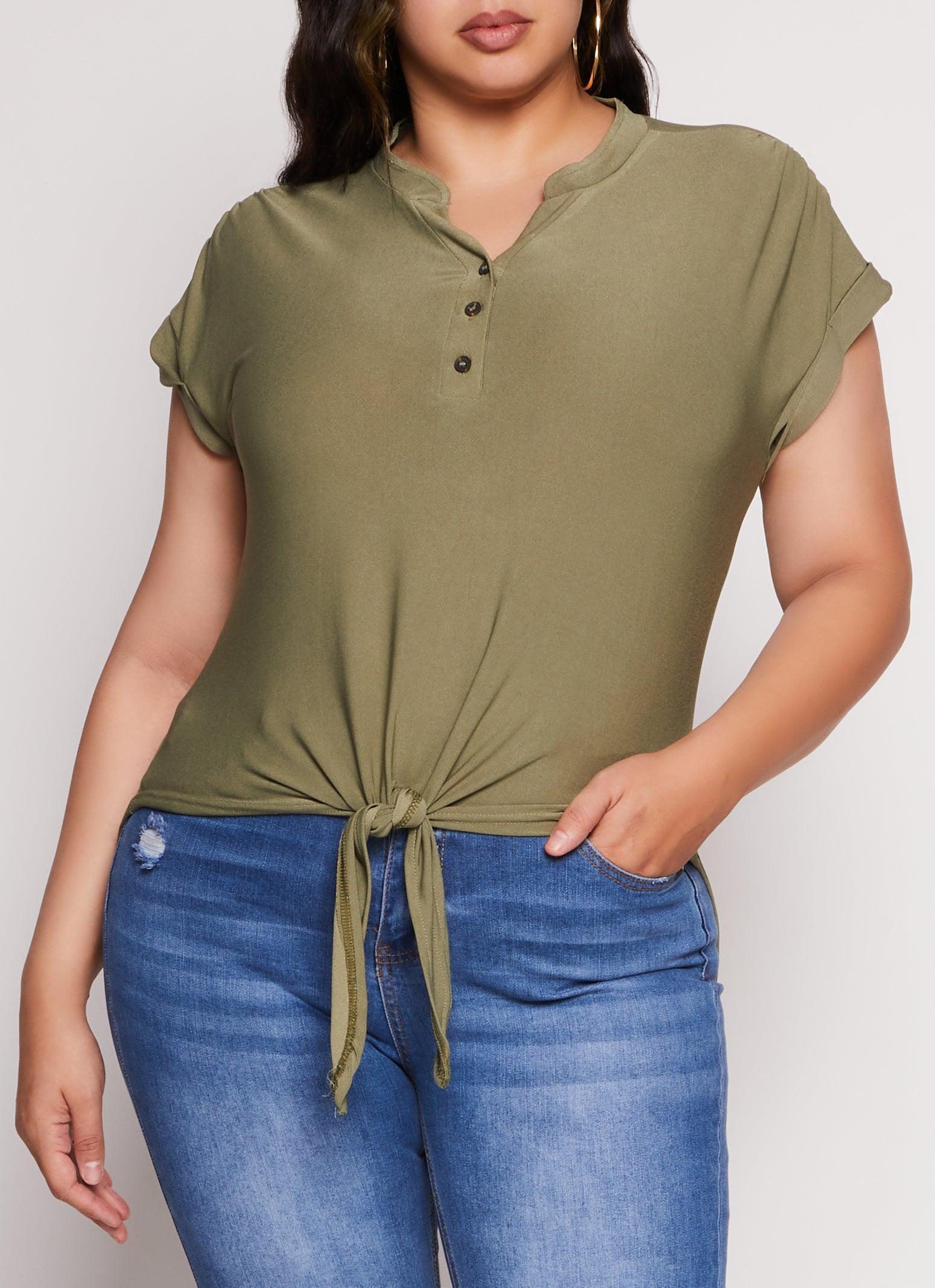 Womens Plus Size Tie Front Half Button High Low Top Product Image