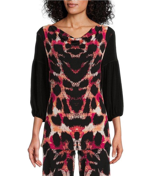 Eva Varro Abstract Animal Print Knit Jersey Cowl Neck 3/4 Lantern Sleeve Tunic Product Image