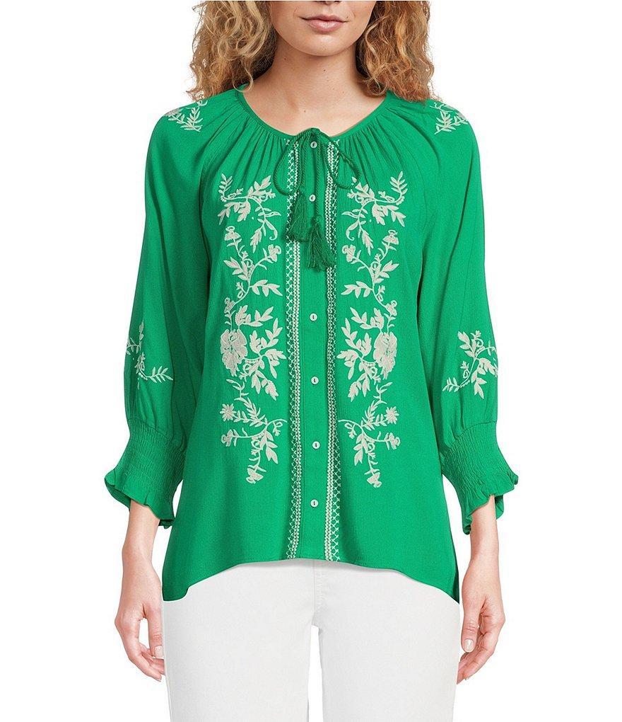 Calessa Woven Embroidered Split Round Neck 3/4 Sleeve Straight Hem Button Front Blouse Product Image