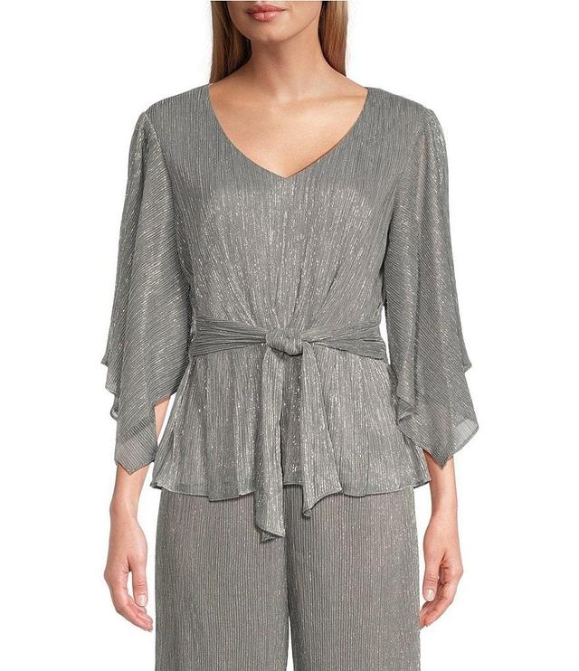 Alex Evenings 3/4 Sleeve V-Neck Tie Waist Metallic Blouse Product Image