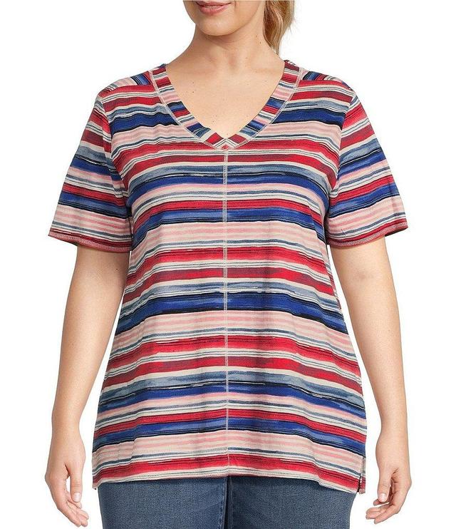 Westbound Plus Size Flag Stripe Knit Short Sleeve V-Neck Top Product Image