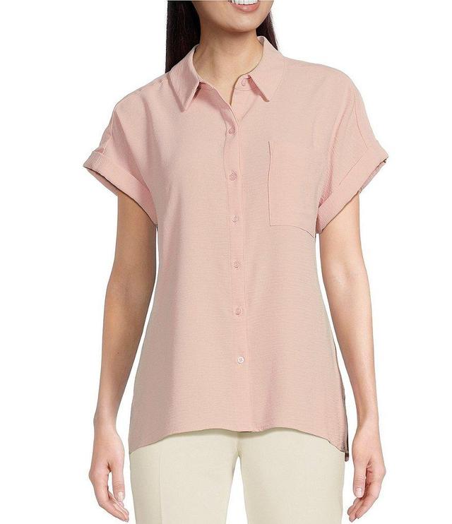 Calvin Klein Puckered Woven Short Cuffed Sleeve Button Front Point Collar Top Product Image