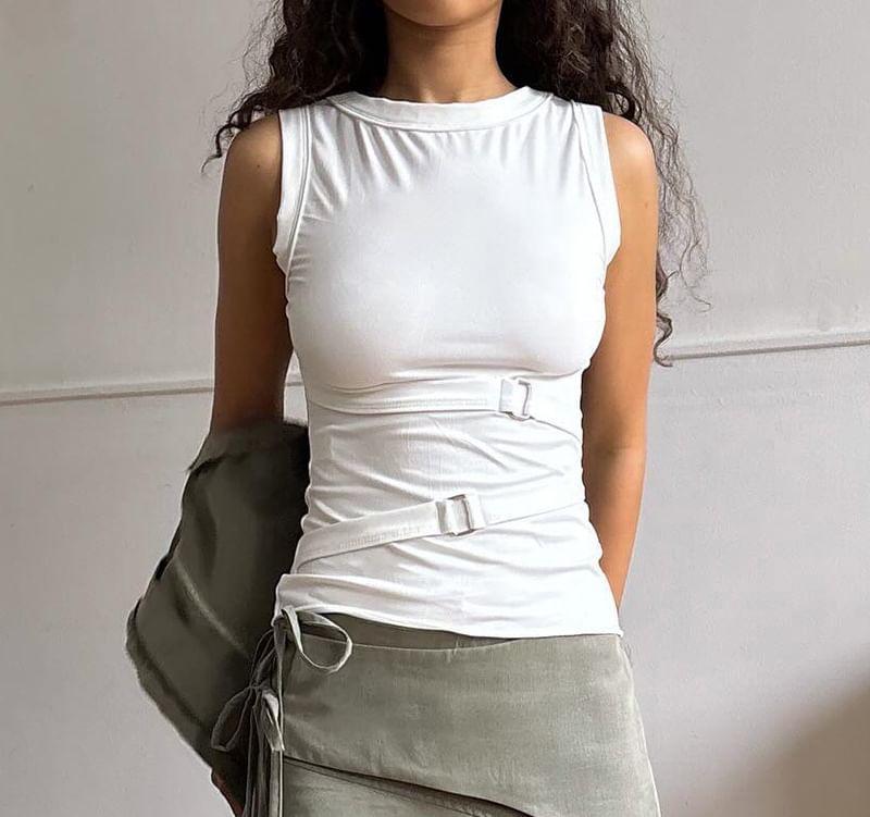 Sleeveless Crew Neck Buckle Detail Crop Top Product Image