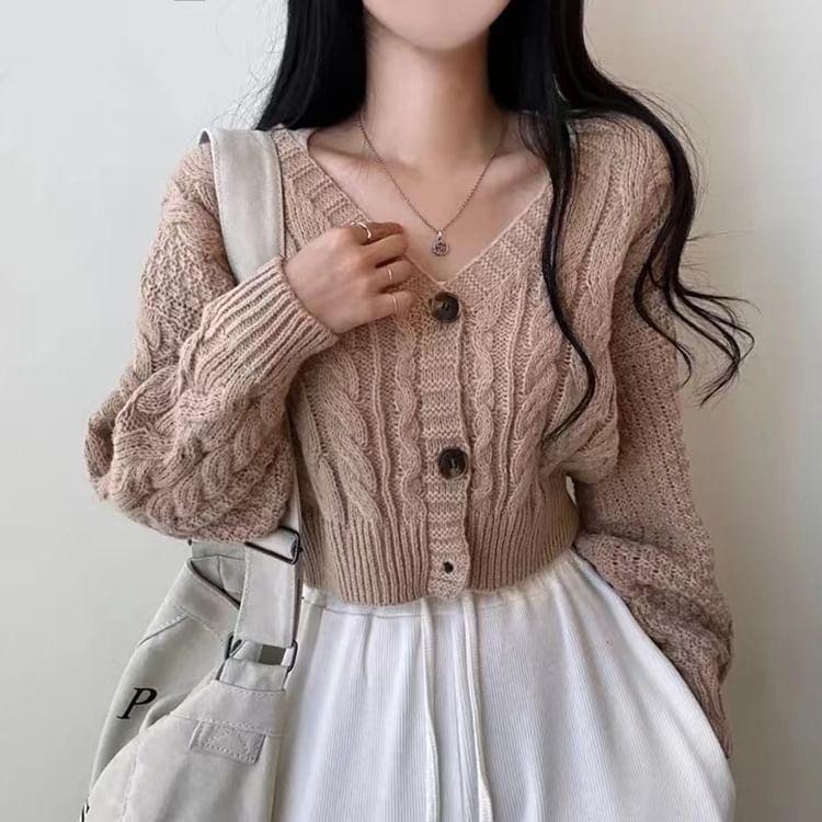 V-Neck Plain Cable Knit Cardigan Product Image