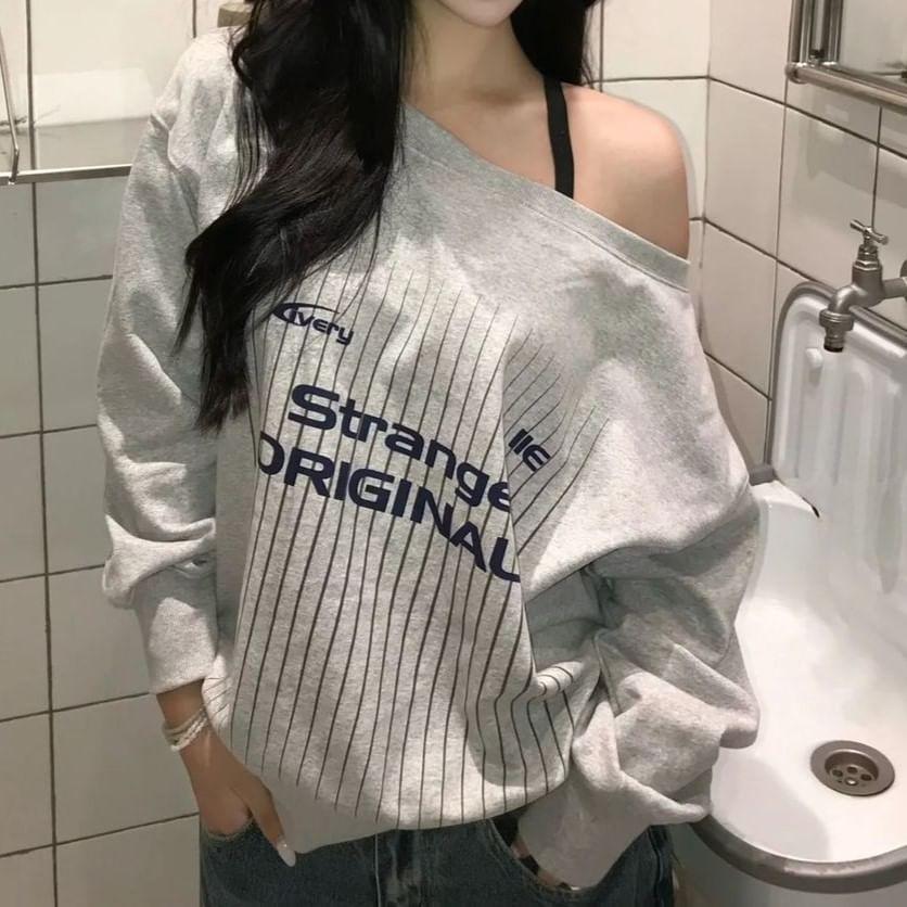 Long Sleeve Cold-Shoulder Lettering Print Loose-Fit Pullover Product Image