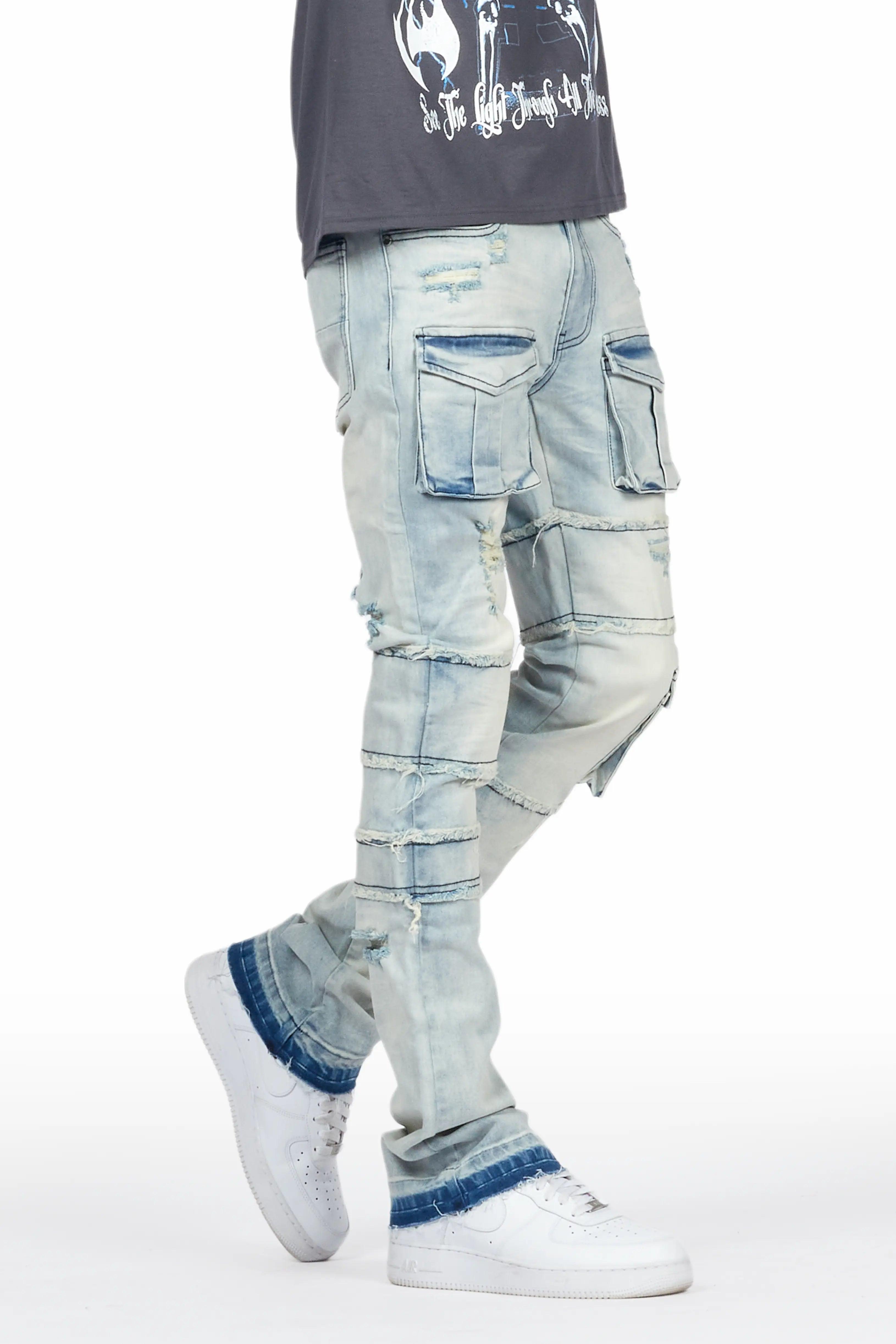 Folant Light Blue Stacked Cargo Flare Jean Male Product Image