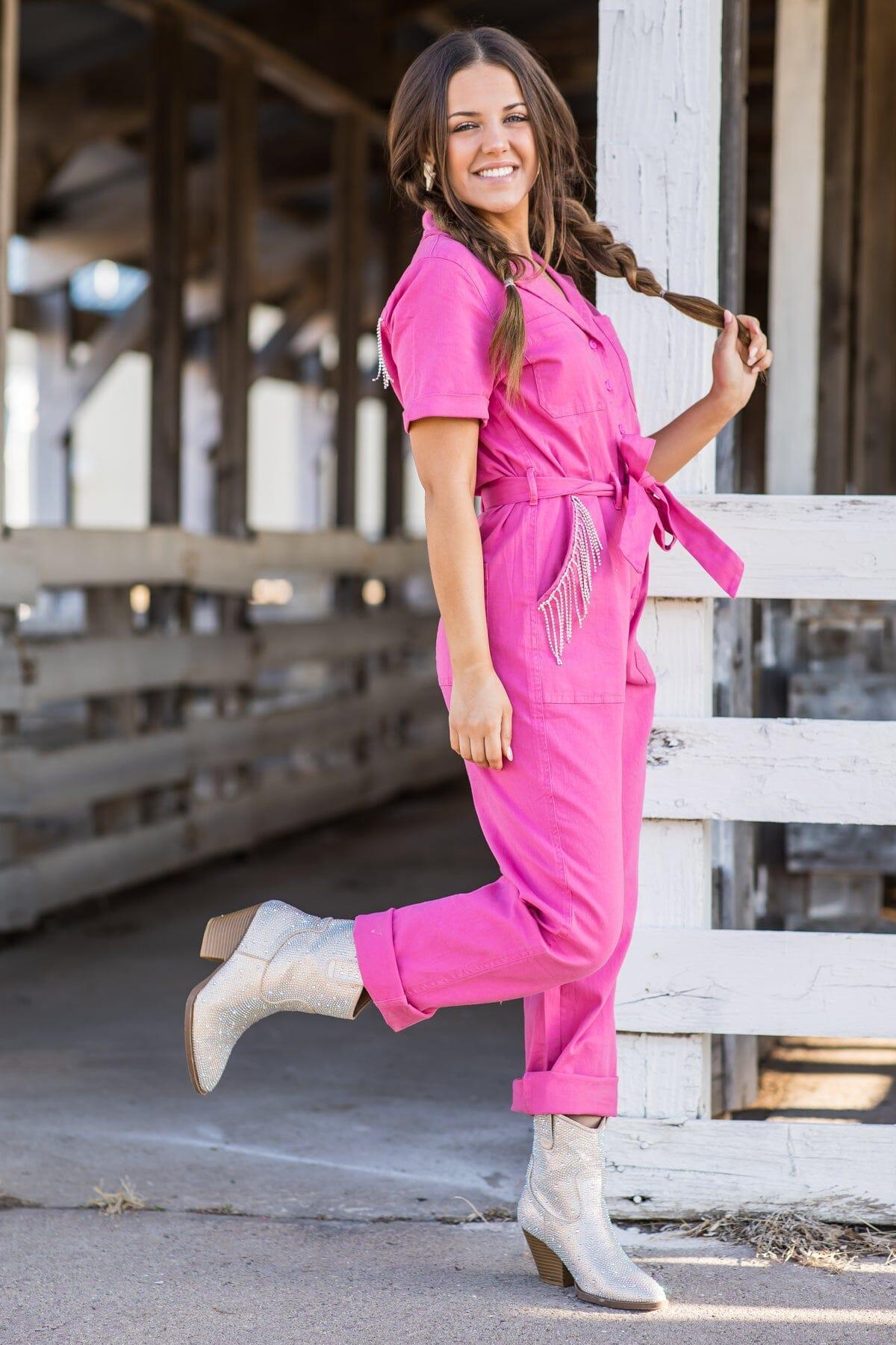 Pink Denim Jumpsuit Beaded Fringe Trim Product Image