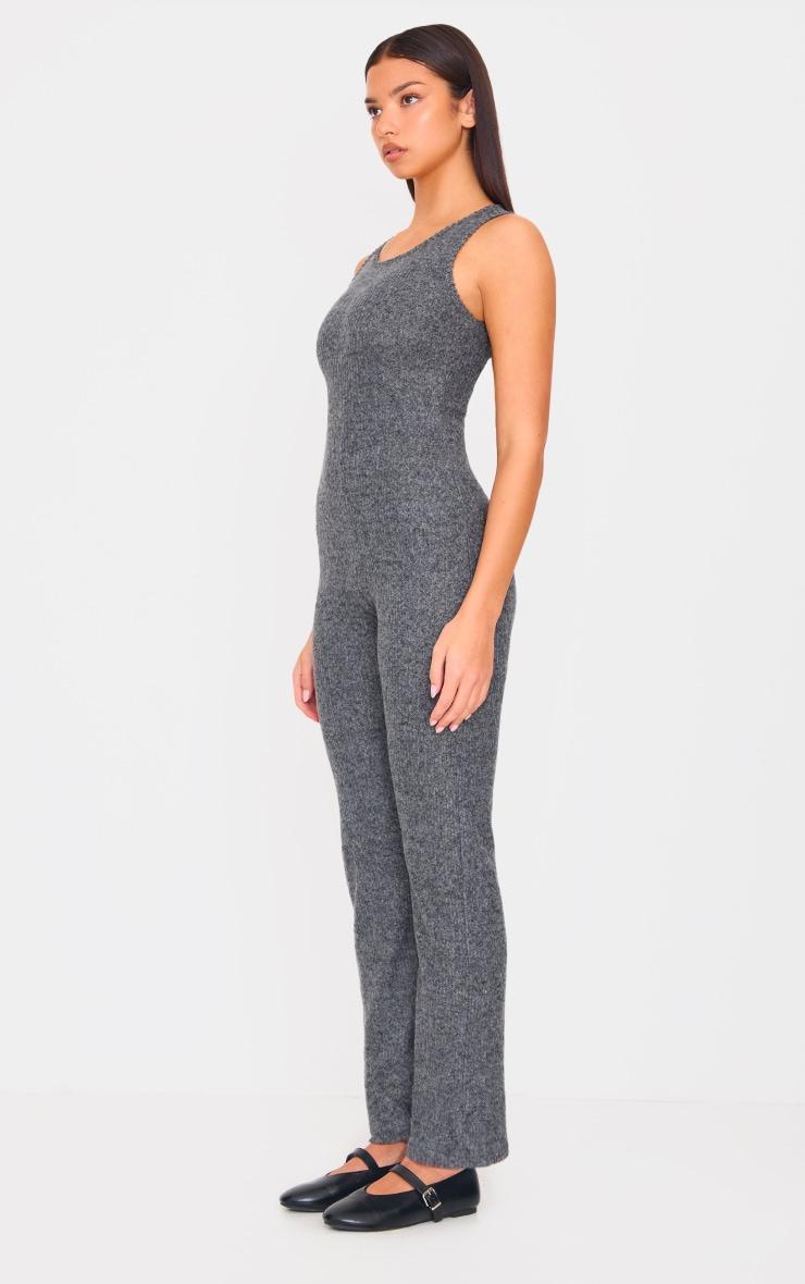 Grey Marl Soft Rib Wide Leg Racer Neck Jumpsuit Product Image