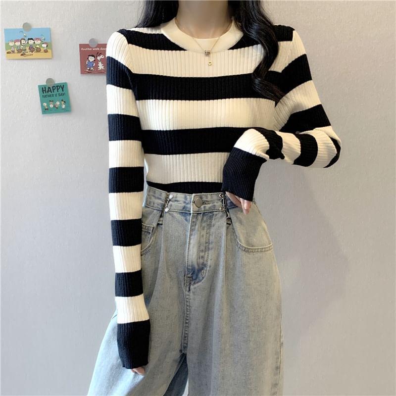 Round Neck Striped Ribbed Sweater Product Image