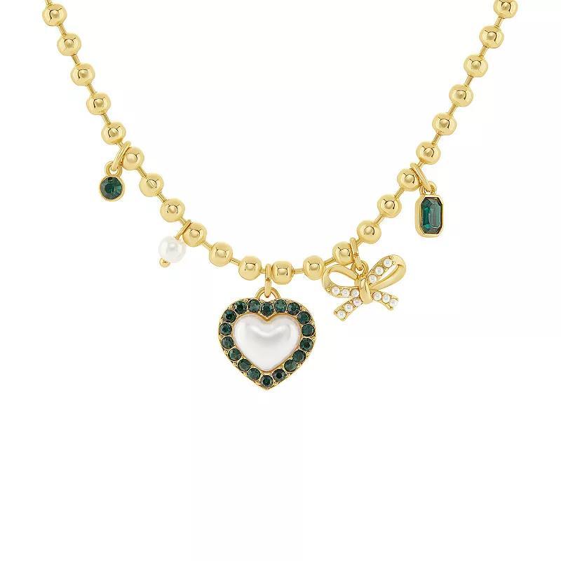 Emberly Gold Tone Crystal & Simulated Pearl Heart Charms Necklace, Womens, Green Product Image