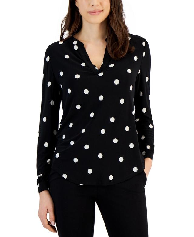 Anne Klein Womens Printed Split-Neck Long-Sleeve Top - Anne Black Product Image