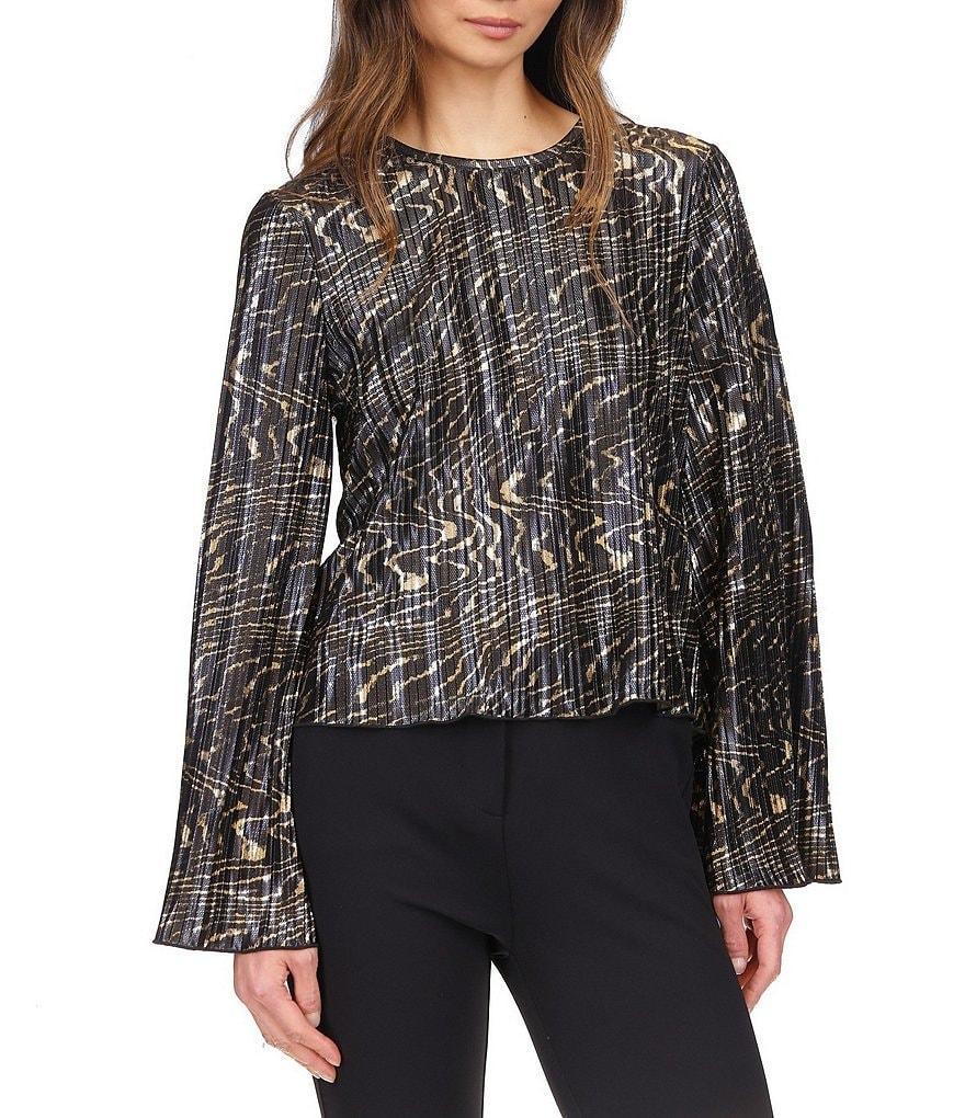 Michael Kors Pleated Foil Crew Neck Long Bell Sleeve Top Product Image