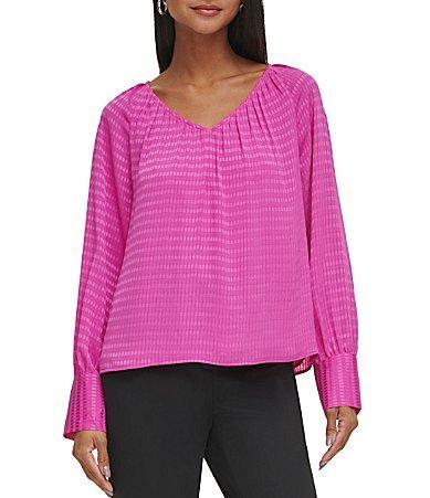 Calvin Klein Womens Long Sleeve Textured V-Neck Blouse Product Image