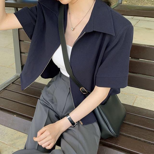 Short-Sleeve Zip-Up Plain Crop Jacket Product Image