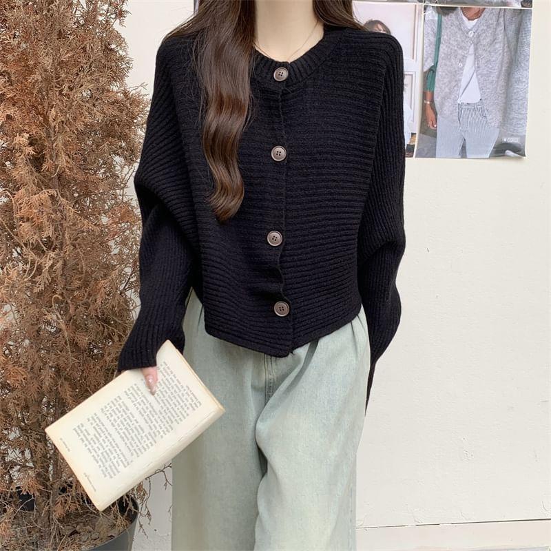 Crew Neck Plain Button-Up Crop Cardigan Product Image