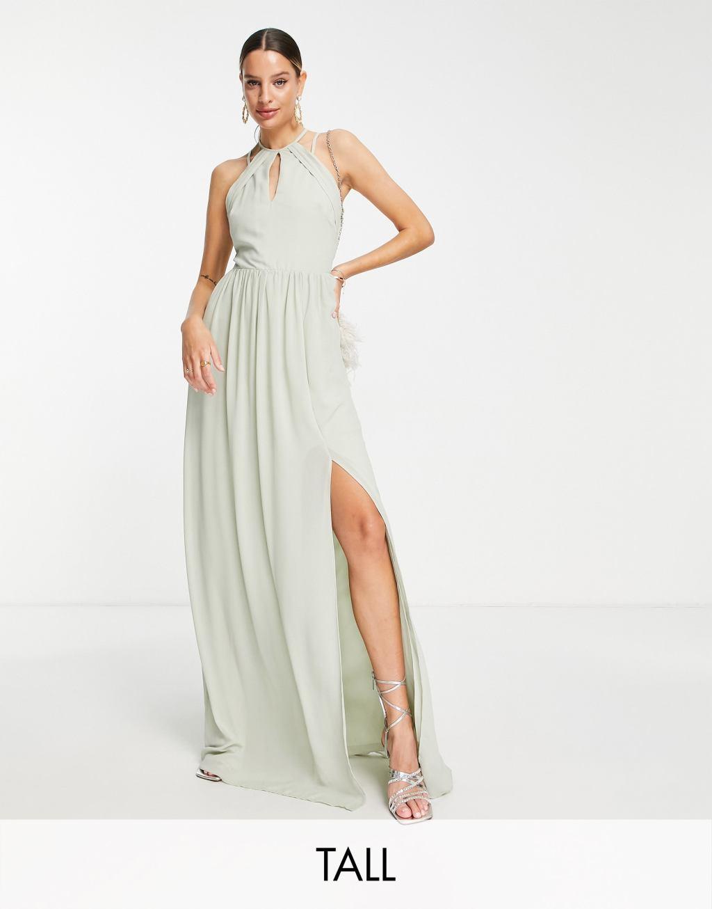 TFNC Tall Bridesmaid strappy back halter neck dress in sage green Product Image