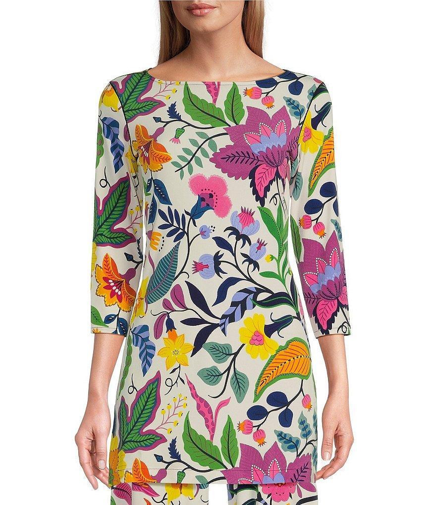 Eva Varro Mixed Floral Print Knit Jersey Boat Neck 3/4 Sleeve Side Slit Tunic Product Image