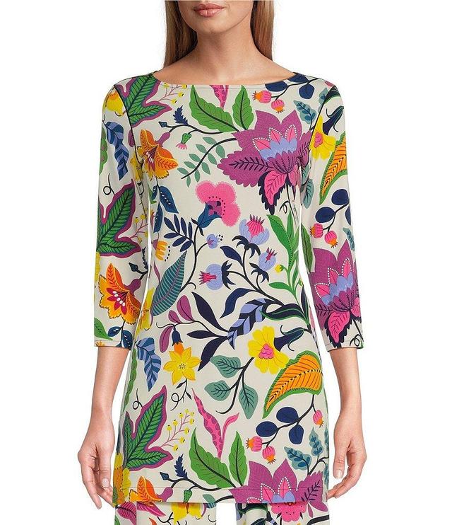 Eva Varro Mixed Floral Print Knit Jersey Boat Neck 3/4 Sleeve Side Slit Tunic Product Image