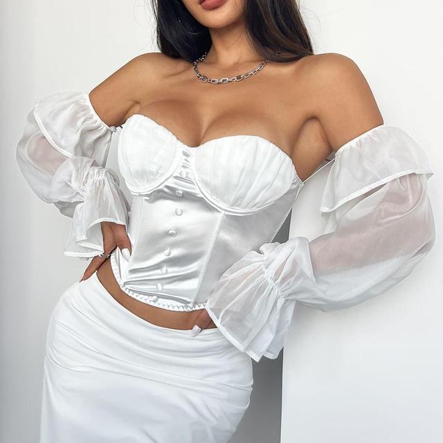 Puff-Sleeve Off-Shoulder Plain Cropped Bustier Top Product Image