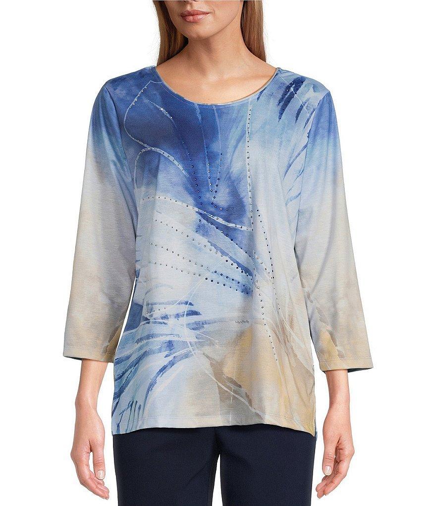 Allison Daley Petite Size Embellished Butterfly Print 3/4 Sleeve Scoop Neck Knit Top Product Image