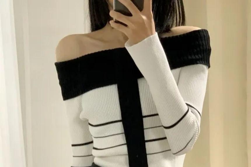 Long Sleeve Off Shoulder Striped Bow Detail Knit Top Product Image