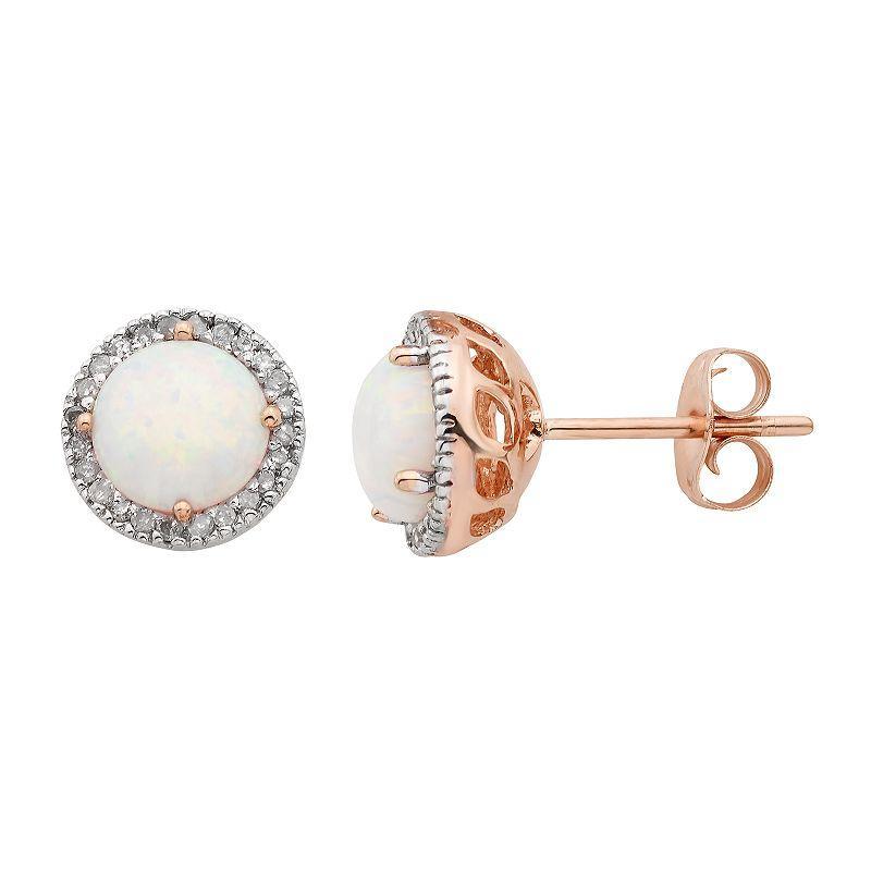 Lab-Created Opal 10K Gold and 1/8 Carat T.W. Diamond Round-Cut Halo Stud Earrings, Womens, Yellow Product Image