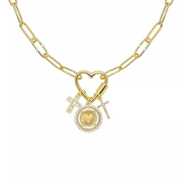 Brilliance 18k Gold Cubic Zirconia Crosses and Heart Disc Charm Cluster Necklace, Womens Gold Tone White Product Image