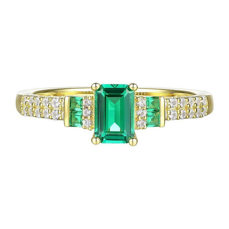 14k Gold Over Silver Lab-Created Emerald, Lab-Created White Sapphire Solitaire Ring, Womens Gold Tone Product Image