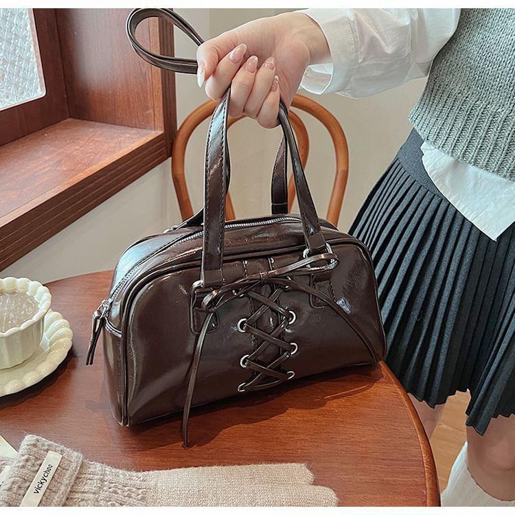 Lace-Up Faux Leather Bowler Bag Product Image