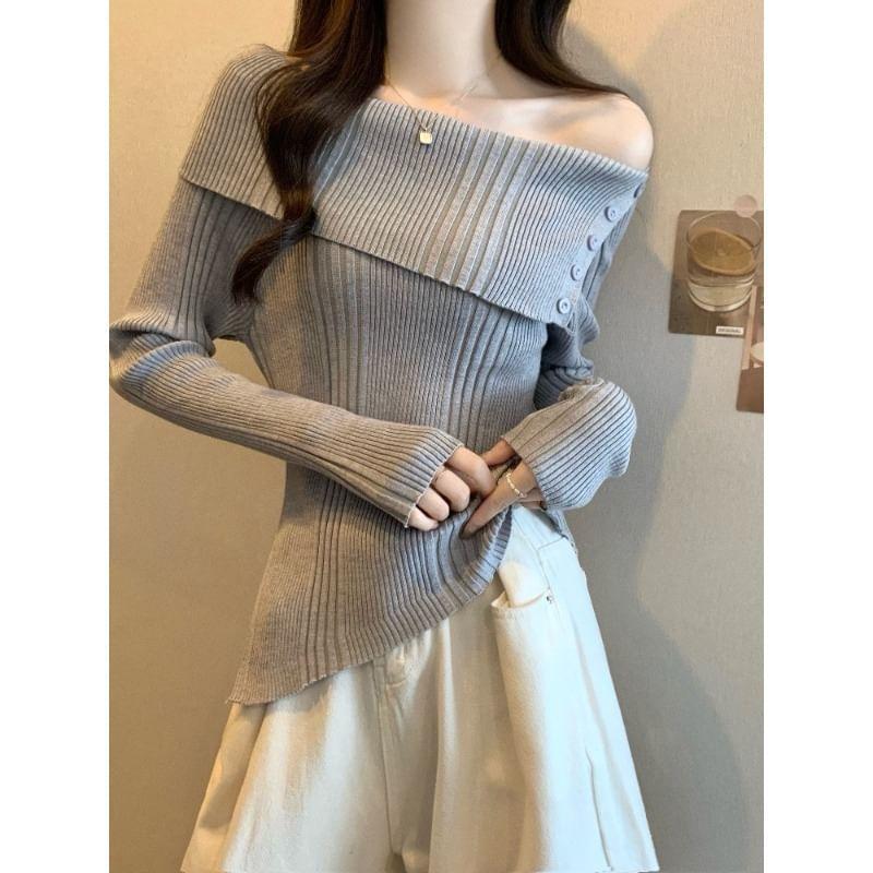 Long-Sleeve Off Shoulder Asymmetrical Plain Knit Top Product Image