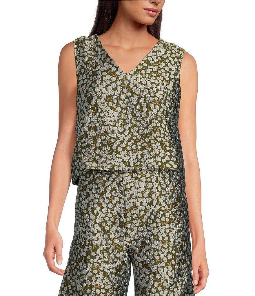 Buru Floral Brocade Cropped Sleeveless V-Neck Button Back Coordinating Boxy Top product image