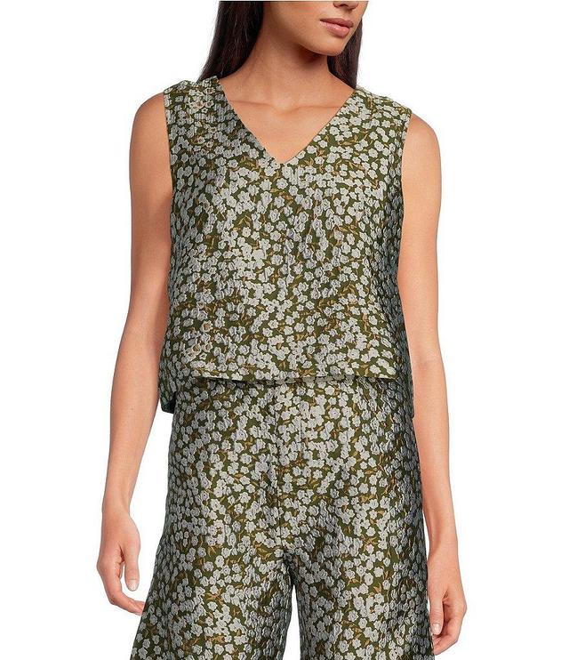 Buru Floral Brocade Cropped Sleeveless V-Neck Button Back Coordinating Boxy Top Product Image