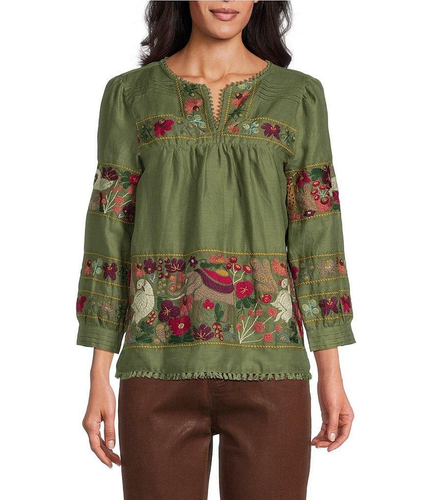 John Mark Woven Embroidered Animal Split V Neck 3/4 Sleeve Pullover Tunic Product Image