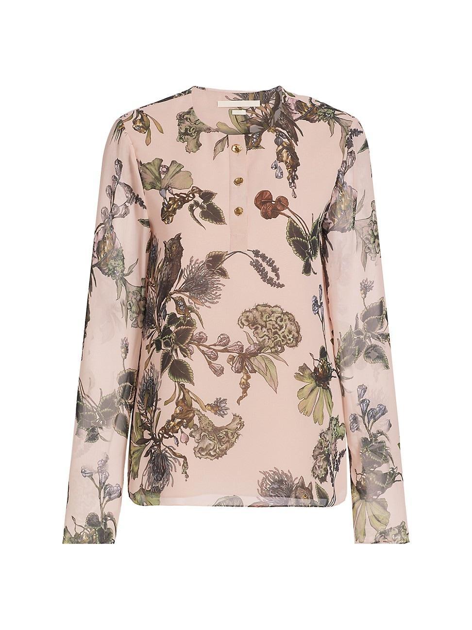 Womens Semi-Sheer Forest Floral Henley Top Product Image