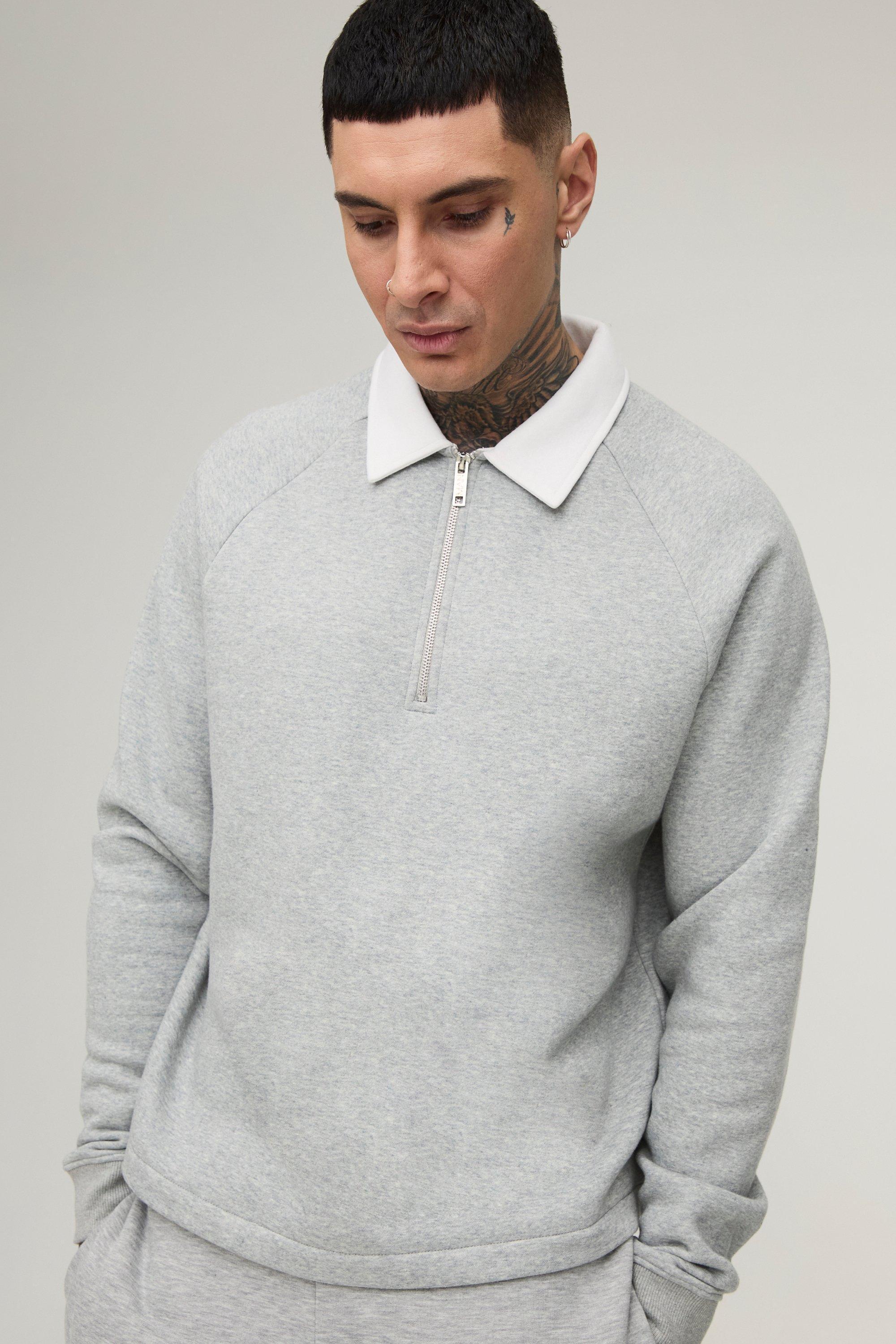 Tall Oversized Boxy Polo Sweatshirt in Grey | boohooMAN USA Product Image