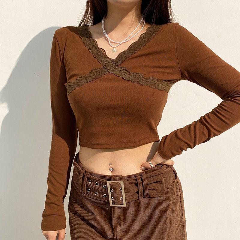 Long-Sleeve V-Neck Lace-Trim Cropped T-Shirt Product Image