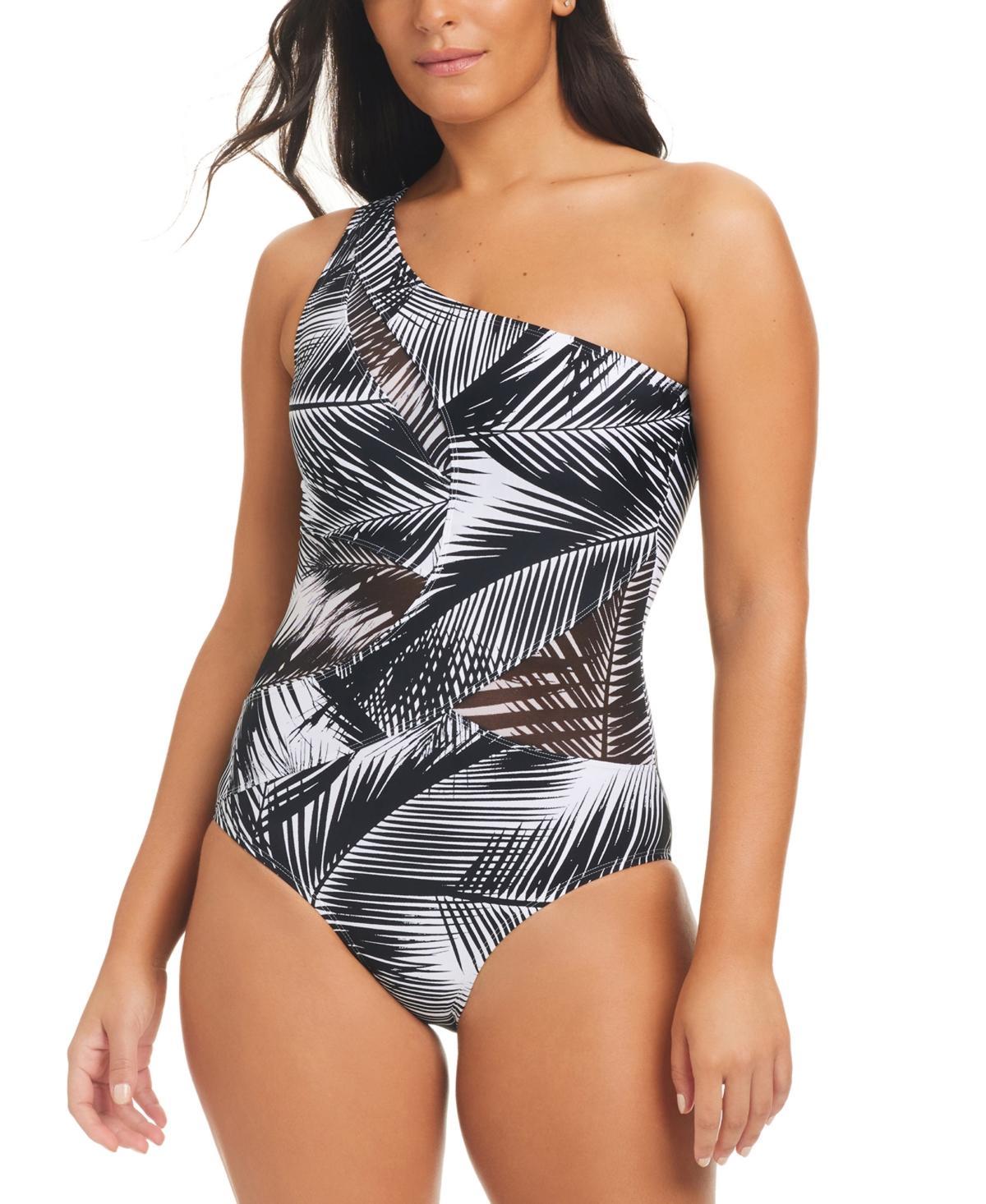 Beyond Control Womens Giving Attitude One-Shoulder Printed One-Piece Swimsuit - Black Product Image