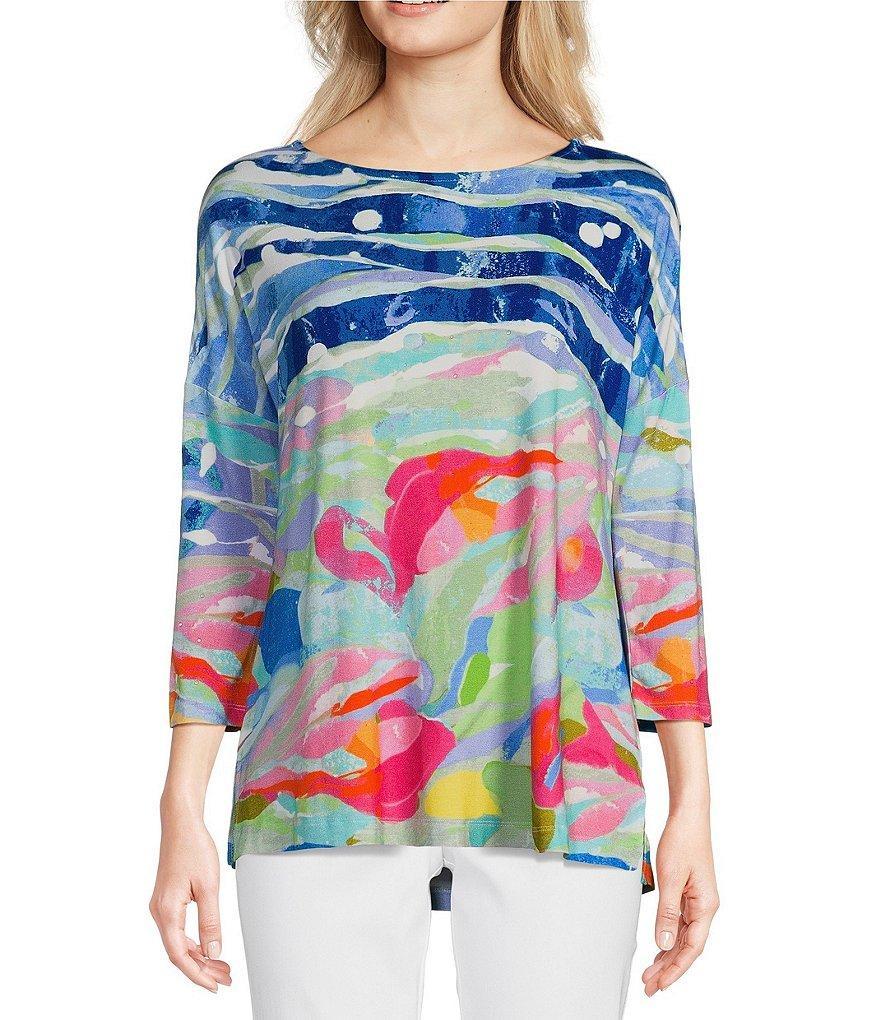 Ali Miles Knit Abstract Print Heat Set Gel Dot Crew Neck 3/4 Sleeve Tunic Product Image