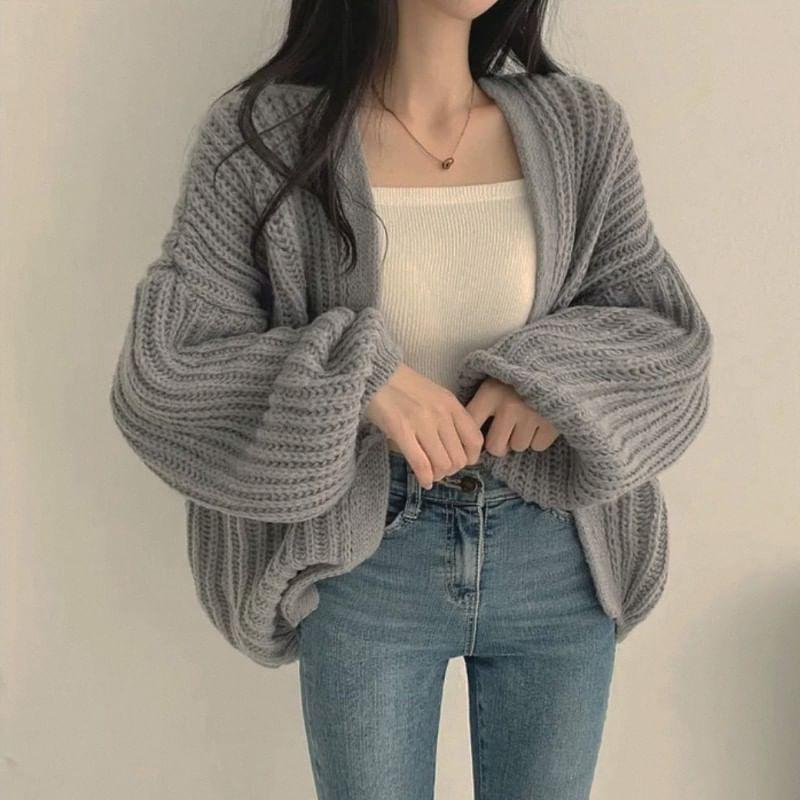 Balloon Sleeve Plain Open Front Cardigan Product Image