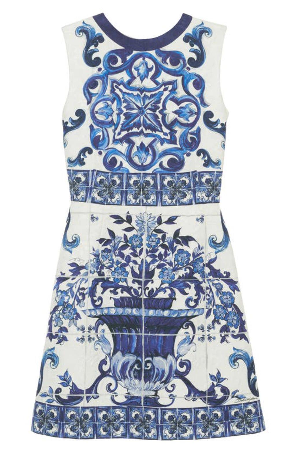 DOLCE & GABBANA Short Majolica-print Brocade Dress In Bianco Product Image