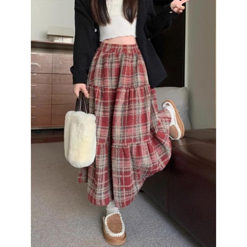 High Rise Plaid Midi A-Line Skirt Product Image