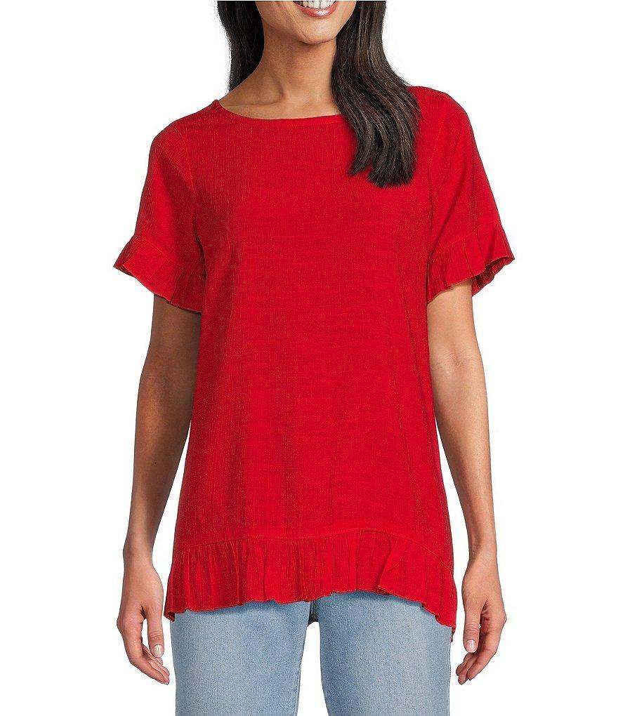 Multiples Petite Size Solid Slub Woven Scoop Neck Short Sleeve High-Low Hem Ruffled Top Product Image