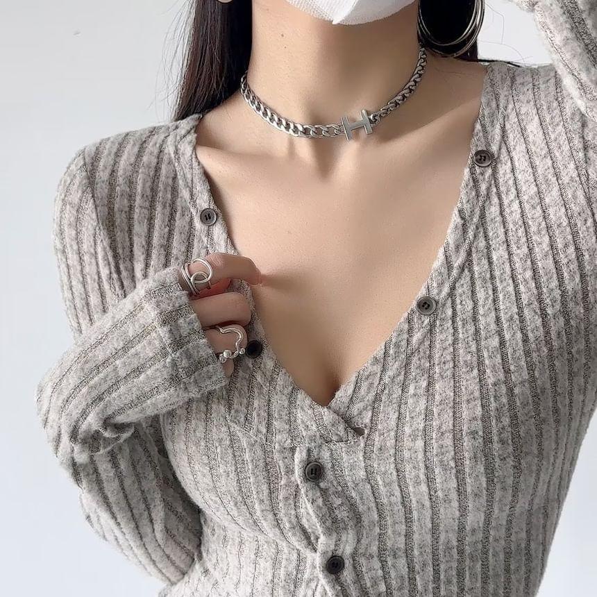 V-Neck Button-Up Plain Crop Cardigan Product Image