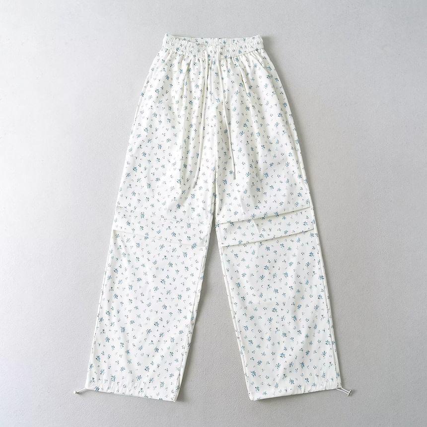 Drawstring Waist Floral Print Wide Leg Cargo Pants Product Image