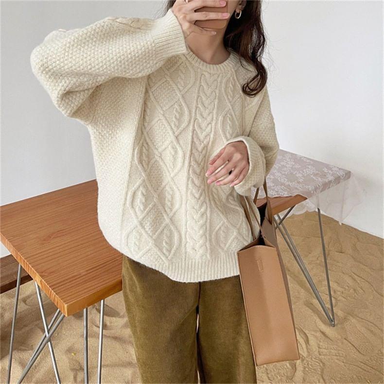 Crew Neck Plain Cable Knit Sweater Product Image