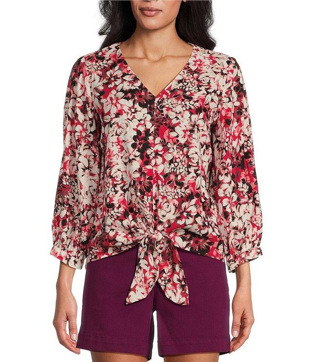 Westbound Botanic Floral Print Woven 3/4 Sleeve V-Neck Tie Front Top Product Image