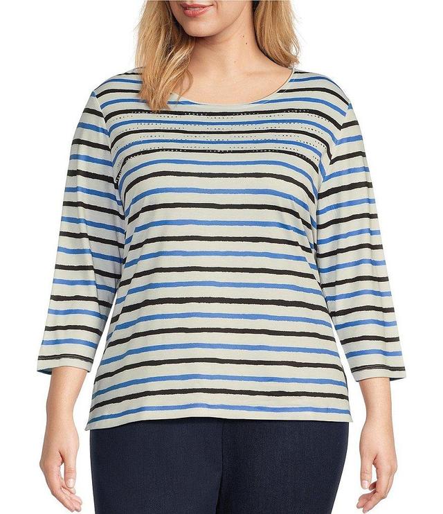 Allison Daley Plus Size Embellished Stripe Print 3/4 Sleeve Crew Neck Knit Top Product Image